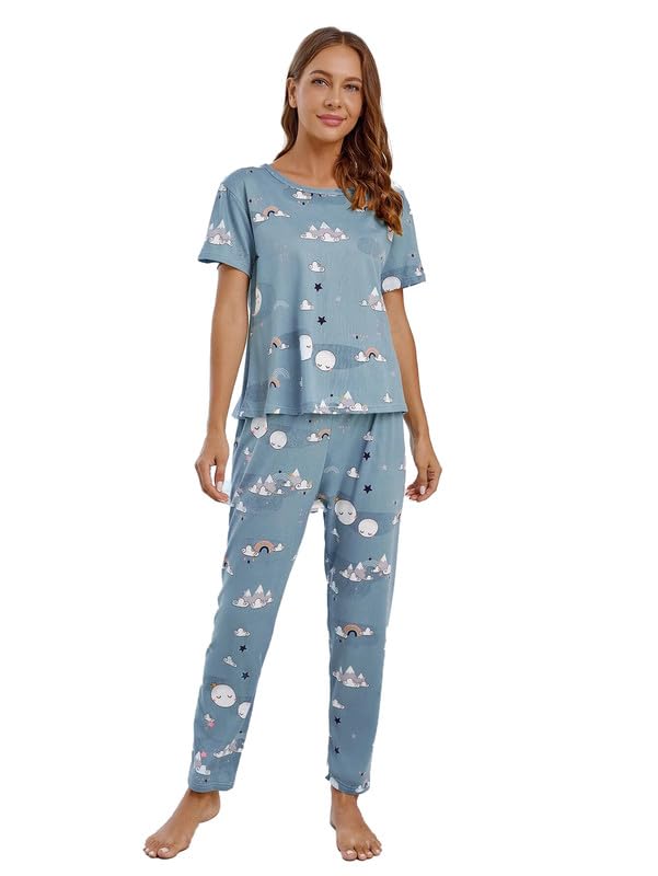 SMOWKLY Printed Round Neck Short Sleeve Night Suit Set for Women  Soft Pajama Set | Comfortable Cotton Blend Night Dress & Sleep