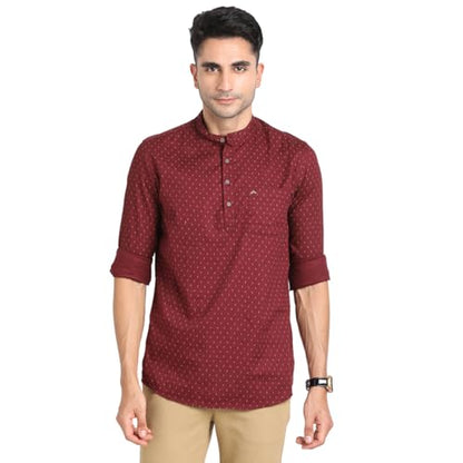 Turtle Men 100% Cotton Maroon Printed Slim Fit Casual Kurta Shirt