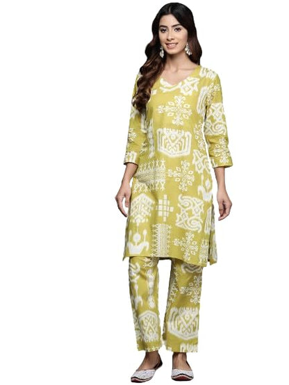 Varanga Women Lime Green Ikat Printed V-Neck Short Kurta With Culotte Bottom