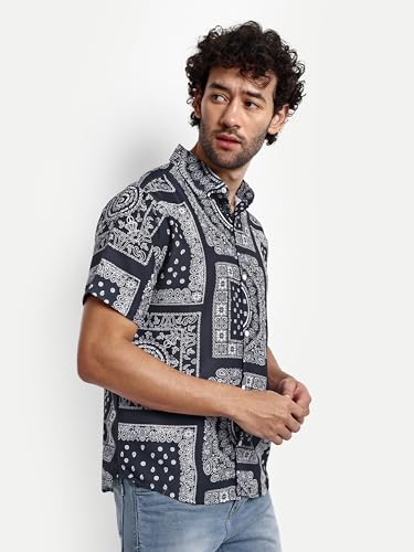 Greciilooks Mens Rayon Casual Shirt Regular Fit Men Casual Shirt (Black, Large)