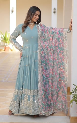 Fashion Basket Gergette Embroidered Long Anarkali Sky Blue