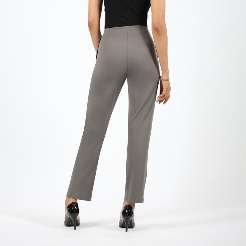 BlissClub Women The Ultimate High Rise Straight Pants|Trousers for Women|Straight Fit|Pintuck Design|Polyester,Grey