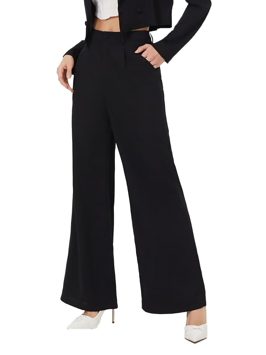 Kotty Womens High Rise Regular Fit Viscose Rayon Solid Trousers Jade Black