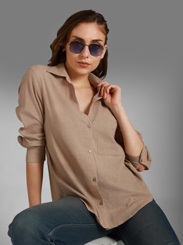 High Star WomenS Cotton Oversized Fit Shirt (Hswshw23509_Tp_Brown