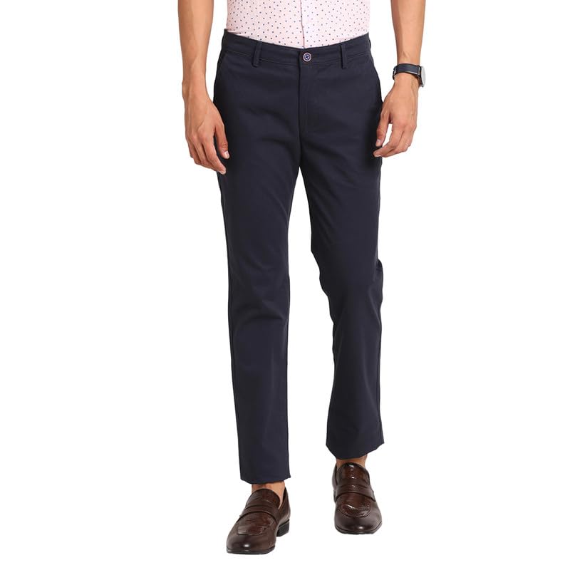 Turtle Men Cotton Stretch Navy Plain Ultra Slim Fit Flat Front Casual Trouser