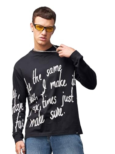 Bewakoof Mens Typography Oversized Fit Full Sleeve Round Neck Cotton Jersey T-Shirt 616667 Black_L