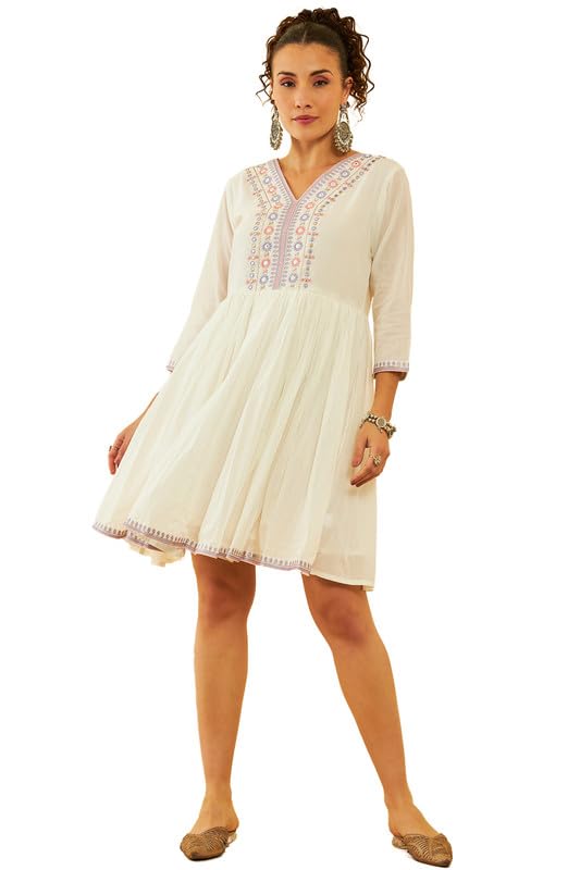 Soch Womens White & Purple Cotton Floral Embroidered Dress With Faux Mirror