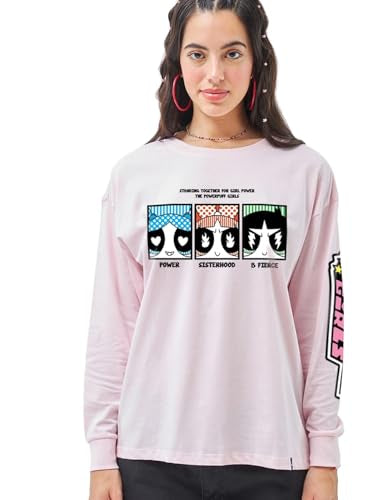 Bewakoof Official Cartoon Network WomenS Graphic Print Oversized Fit Full Sleeve Round Neck Cotton T-Shirt_629080_Pink_3Xl