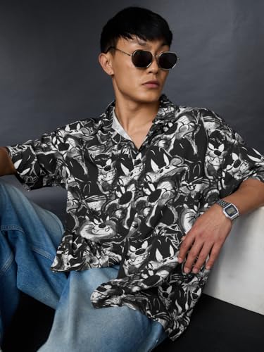 The Souled Store Looney Tunes: Sylvester Men and Boys Short Sleeves Collared Neck Black All Over Printed Viscose Lightweight Cas