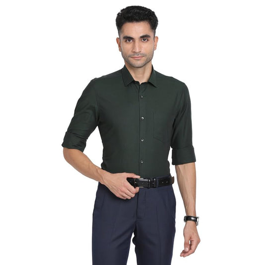 Turtle Men 100% Cotton Dark Green Dobby Slim Fit Full Sleeve Formal Shirt