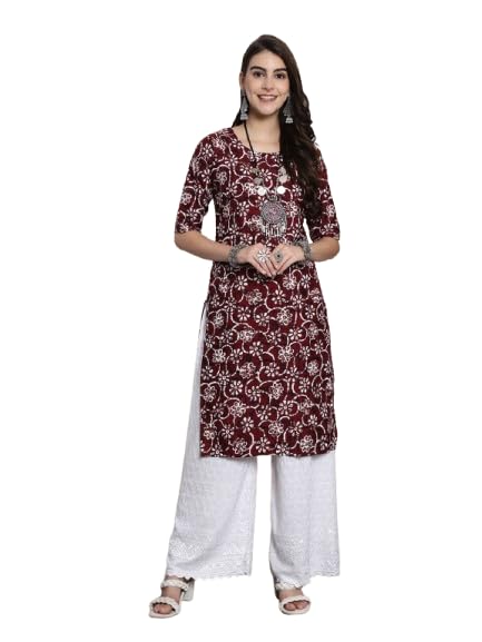 Pinkmint Elegant Printed Crepe Kurtis for Womens ll Fashionable Kurti ll Straight Round Neck Kurti (Pack of 1) Maroon