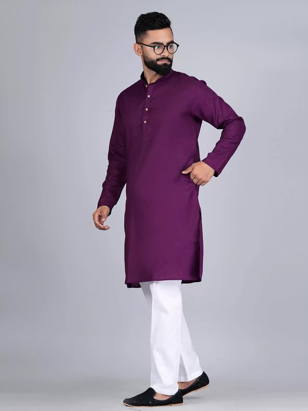 Pinkmint Kurta For Men Cotton Mandarin Collar Long Sleeve Soild Traditional Kurta