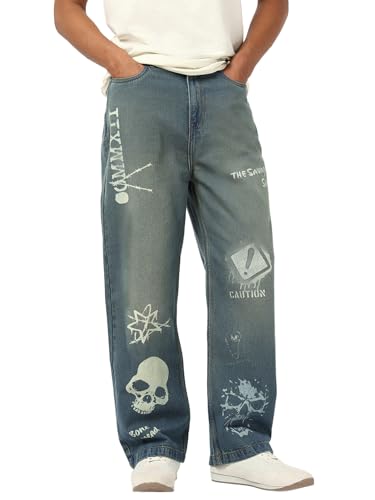 Bewakoof Men Printed Straight Fit Pure Cotton Jeans_676154_Blue_30