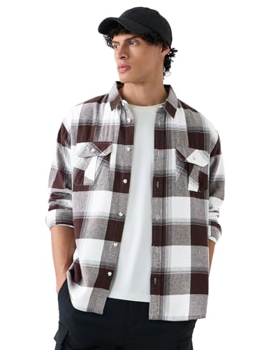 The Souled Store Plaid Shirt: Rust Men and Boys Long Sleeves Collared Neck Button Front Cotton Regular Fit Utility Shirts