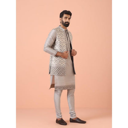 Kisah Mens Kurta Jacket Churidar Set|Silk Blend Fabric Self Design Pattern Mens Ethnic Wear|Regular Fit Mandarin Collar Long Sle