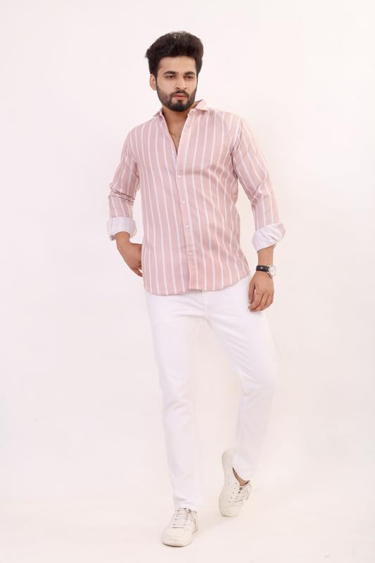 Brown Culture MenS Cotton Blend Striped Print Shirt With Spread Collared Full Sleeves Standard Length And Button Down Closure T