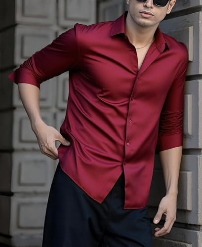 Indoprimo MenS Casual Button Down Long Sleeve Satin Plain Shirt Red