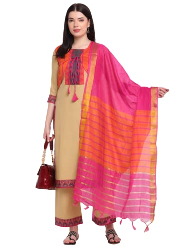 ANNI DESIGNER Women's Cotton Straight Kurta with Palazzo & Dupatta (KPZD-COT-10013-BEIGE)