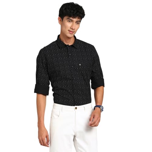 Turtle Men 100% Cotton Black Printed Slim Fit Casual Shirt