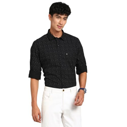 Turtle Men 100% Cotton Black Printed Slim Fit Casual Shirt