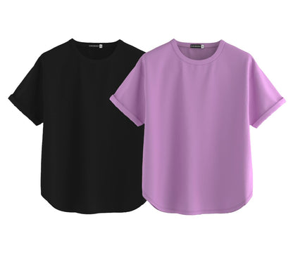 Juneberry Pure 100% Cotton Oversized Loose Baggy Fit Round Neck With Drop Shoulder Black & Lilac Half Sleeves Boyfriend T-Shirt