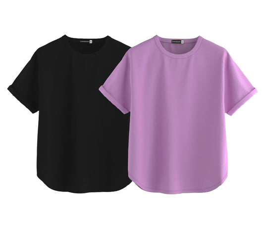 Juneberry Pure 100% Cotton Oversized Loose Baggy Fit Round Neck With Drop Shoulder Black & Lilac Half Sleeves Boyfriend T-Shirt