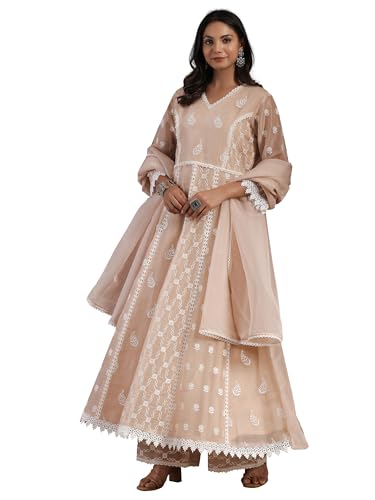 Libas Womens Embroidered Organza A-Line Kurta With Palazzos And Dupatta