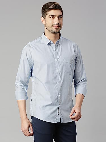 Thomas Scott Mens Striped Slim Fit 100% Cotton Casual Shirt with Spread Collar and Long Sleeve