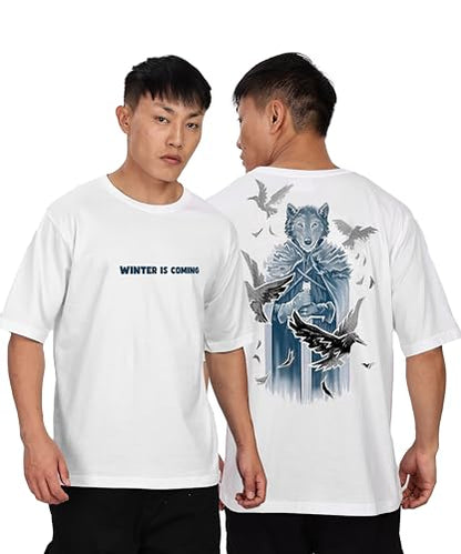 KYDA Mens Oversized 100% Cotton Round Neck Front and Back Printed Tshirt (Pack of 1) White