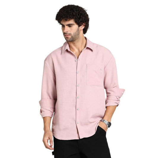 Campus Sutra Mens Rose Pink Modular Solid Oversized Shirt for Casual Wear | Spread Collar | Long Cuffed Sleeves | Button Closur