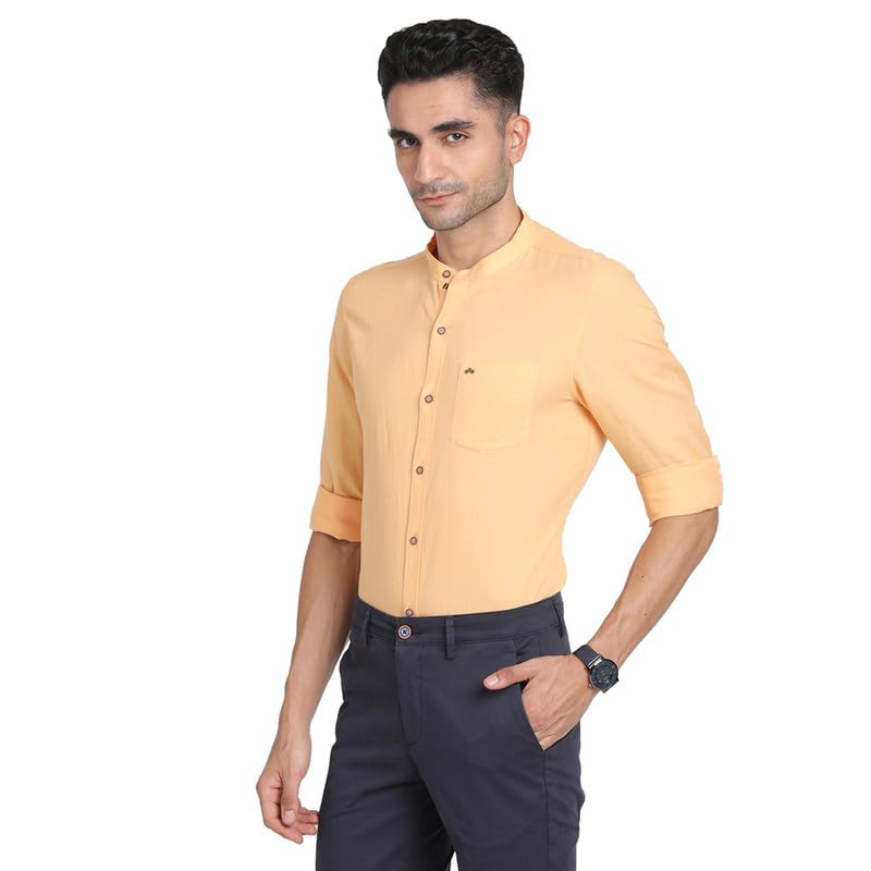 Turtle Men Cotton Linen Yellow Plain Slim Fit Mandarin Collar Casual Shirt