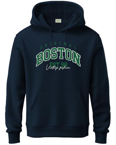ADRO Men's Cotton Neck Hooded Sweatshirt (H24-BOST-NB_Navy Blue