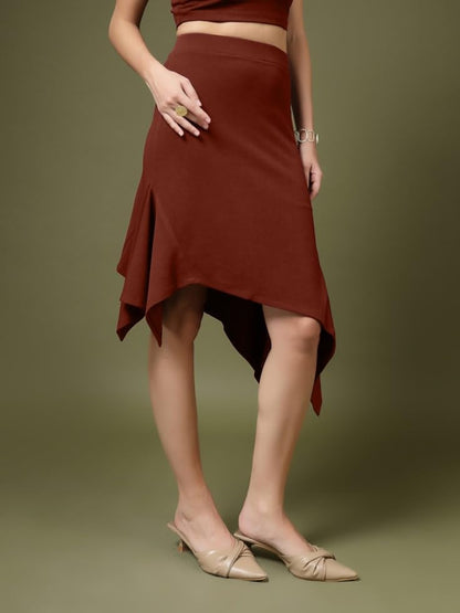 OOMPH! A-Line Handkerchief Hem Lycra Skirt for Women Brown - msk237