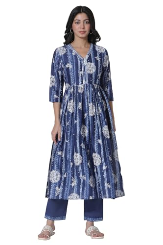 W for Woman Deep Blue Gathered Tie-Dye Floral Printed Kurta