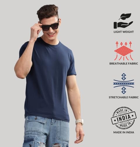 ADRO Men's Solid Regular Fit T-Shirt (RCM3-PLN-NB-BL-WH_Navy,Black,White