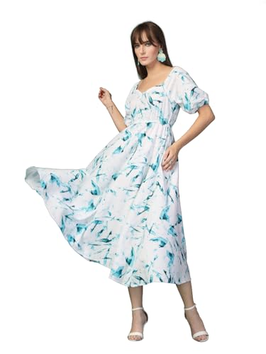 OOMPH! Womens Western & Fusion wear Printed Crepe Dress for Women, Puffed Sleeve, Blue - md1042