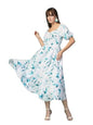 OOMPH! Womens Western & Fusion wear Printed Crepe Dress for Women, Puffed Sleeve, Blue - md1042