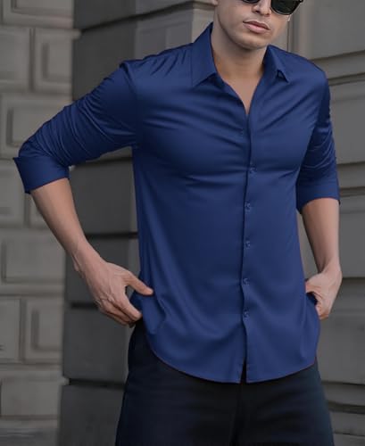 Indoprimo MenS Casual Button Down Long Sleeve Satin Plain Shirt Navy
