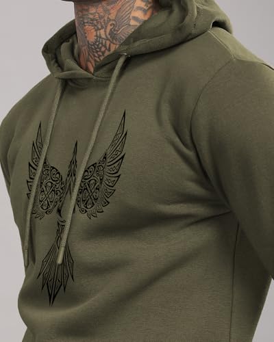 ADRO Men's Printed Hoodie - Cotton, Size 48, Green Olive, Model H24-BIRD-OL