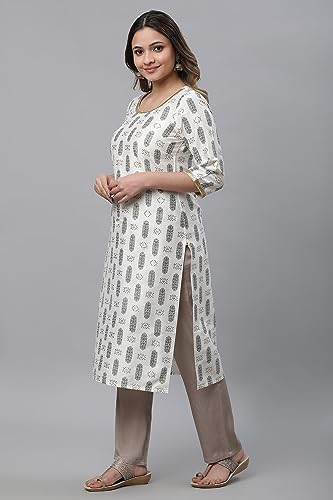 Aurelia Women's Pear White Geometric Print Viscose Straight Kurta