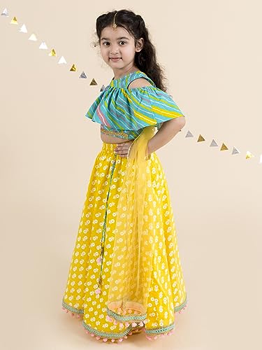 Pspeaches GirlS Yellow Turquoise Blue Printed Cotton Readymade Lehenga And Choli Set (Yellow-7-8Y)