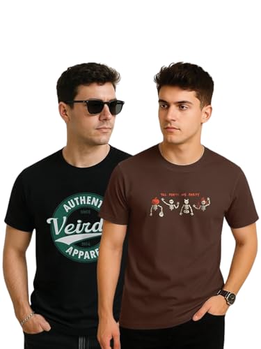 Veirdo Mens Graphic Regular Fit T-Shirt Combo Pack of 2 Casual Cotton Round Neck Tees Fashion Tops For E