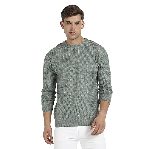 Campus Sutra MenS Sage Green Textured Knit Pullover Sweater For Casual Wear | Crew Neck | Long Sleeve | Pull On Closure | Cotto