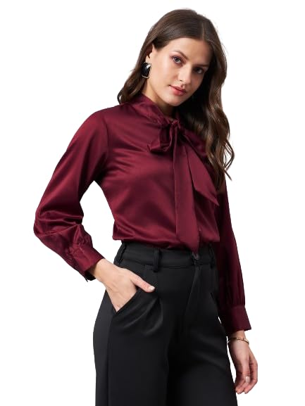 Style Quotient Women Solid Maroon Satin Tie up Regular Formal Shirt