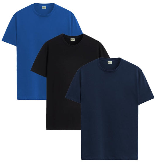 ADRO Mens Solid Regular Fit T-Shirt (RCM3-PLN-BL-NB-RB_Black,Navy,Royal Blue