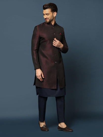 Kisah MenS Maroon And Navy Blue Indo-Western Kurta Sherwani Trousers Set Cotton Full Sleaves, Knee Length, Straight, Regular Fi