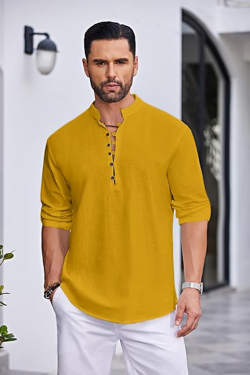 Royalscout MenS Solid Cotton Blend Straight Kurta Shirt | Regular Fit Full Sleeve Short Kurta Gold