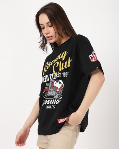 Bewakoof Heavy Duty 1.0 Official Peanuts Merchandise Womens Graphic Print Oversized Fit Half Sleeve Round Neck Pure Cotton T-Sh