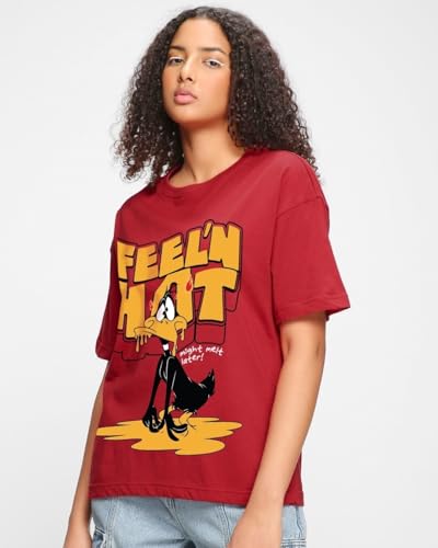 Bewakoof Looney Tunes X Merchandise Womens Feeln Hot Graphic Print Cotton T-Shirt- Oversized Fit, Round Neck, Half Sleeves 582
