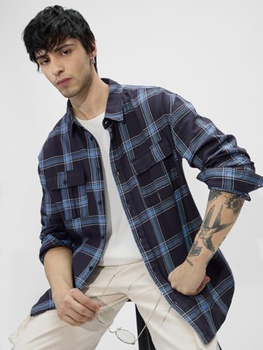 The Souled Store Plaid: Blue Men And Boys Long Sleeves Collared Neck Button Front Cotton Utility Shirts